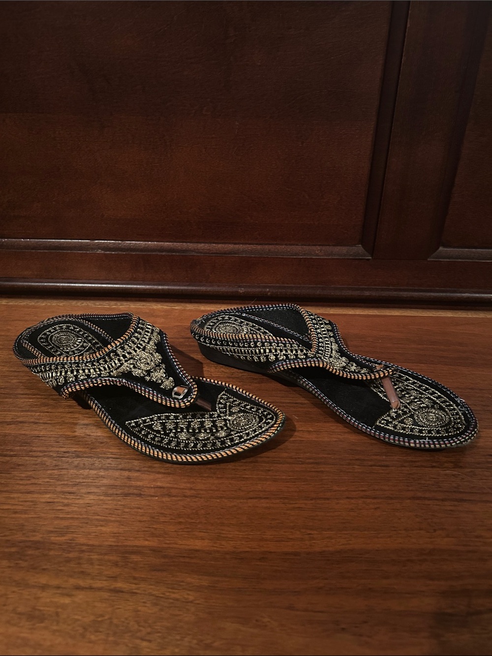 Embellished Black and Gold Women's Thong Sandals
